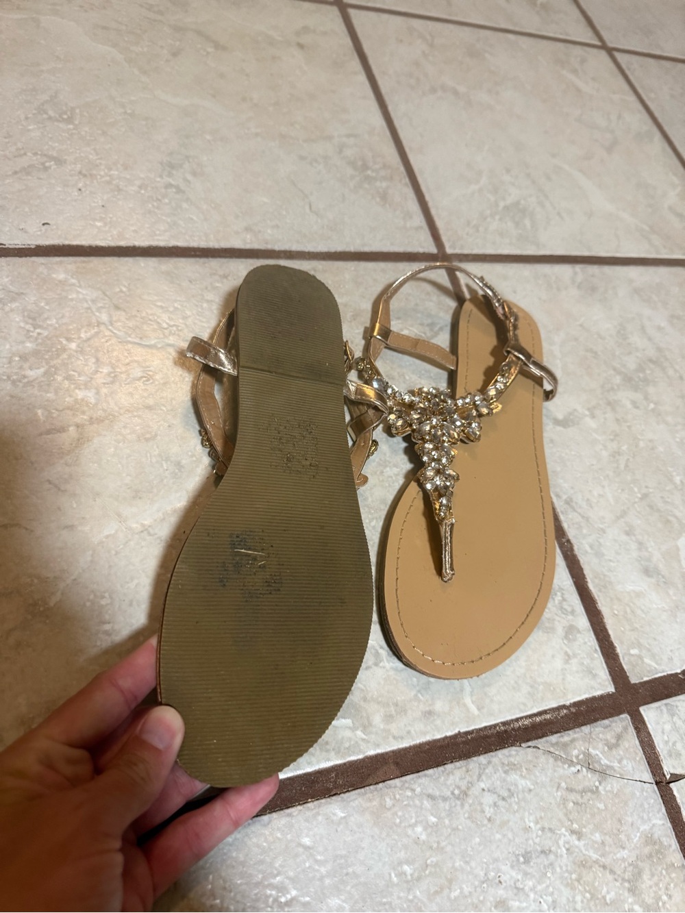 Embellished Tan T‑Strap Women's Sandals with Gold Accents - Picture 2 of 6